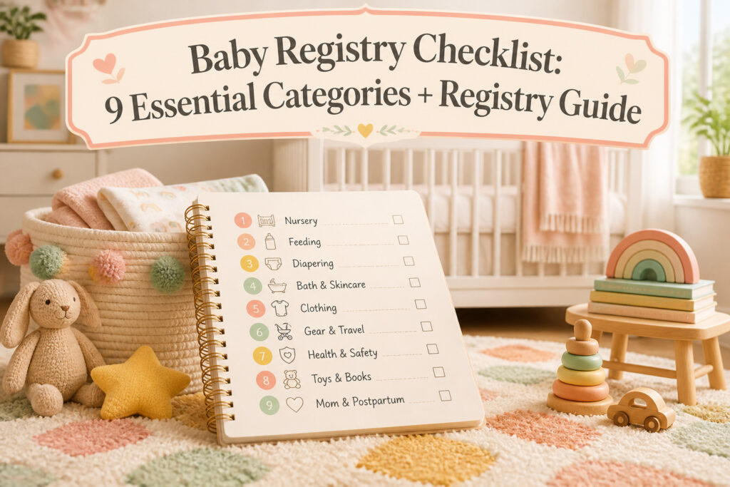 A checklist of essential items for a baby registry.