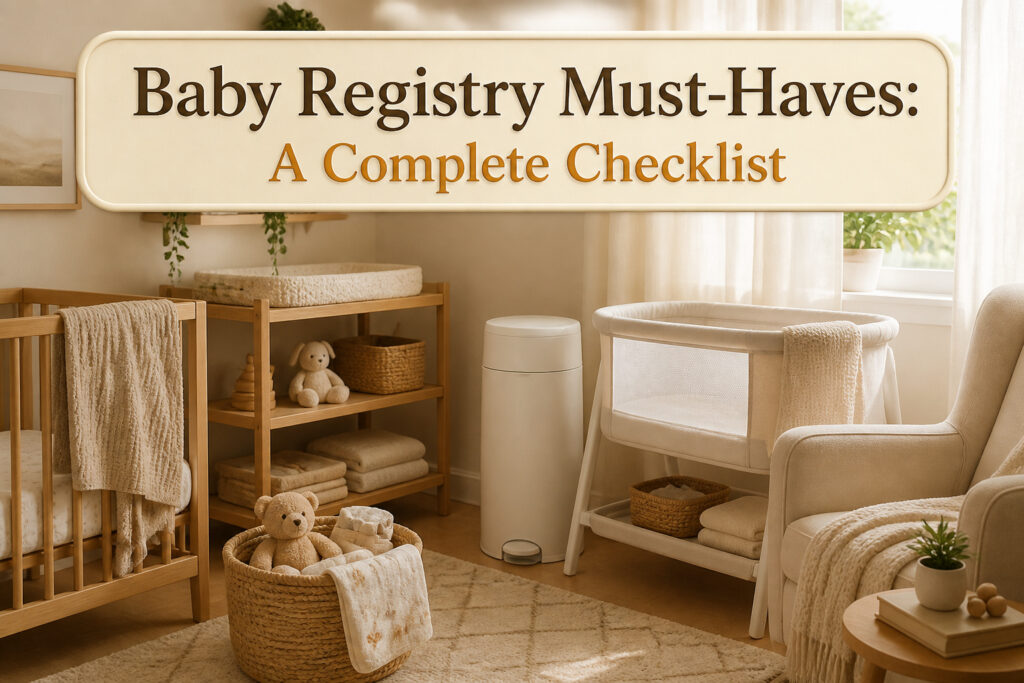 A checklist for baby registry must-haves with various baby items.