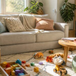 Brightly lit playroom with a cozy couch and toys scattered around