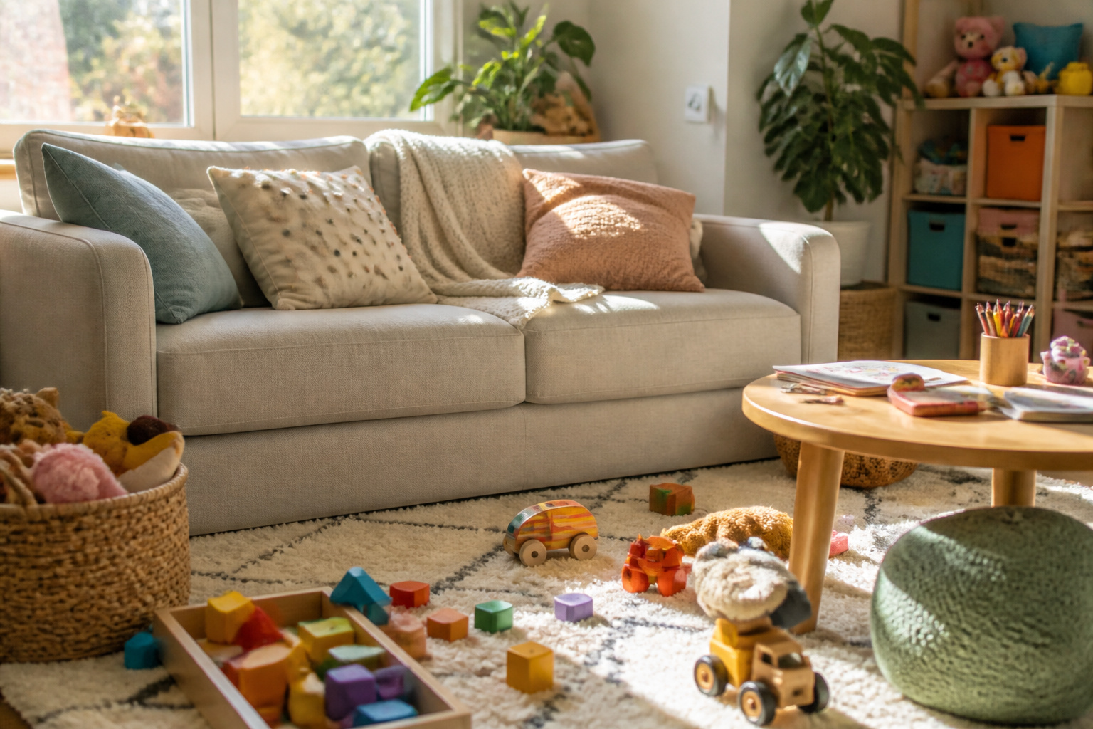 Brightly lit playroom with a cozy couch and toys scattered around
