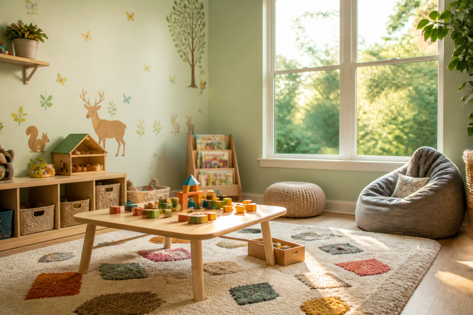 Cozy playroom with soft, natural light from a large window