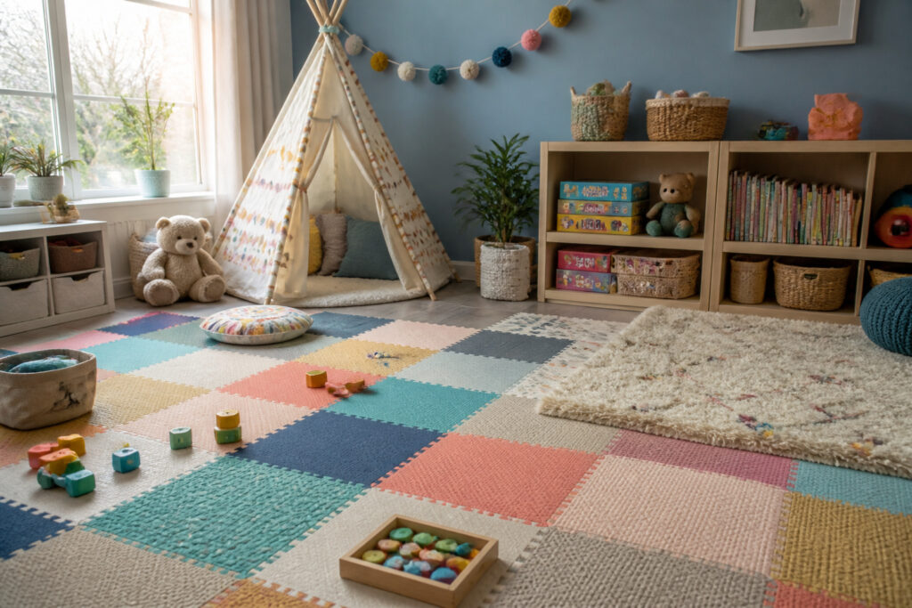 Cozy playroom with colorful soft mats and plush toys scattered on the floor.