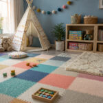 Cozy playroom with colorful soft mats and plush toys scattered on the floor.
