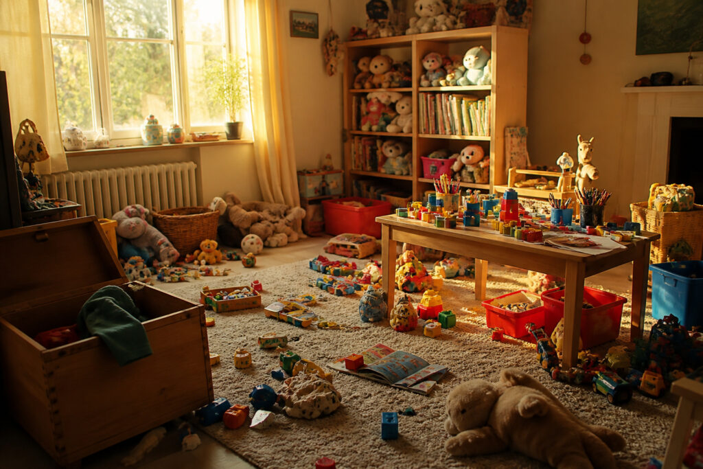 A cluttered playroom with toys scattered on the floor and sunlight streaming in