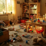 A cluttered playroom with toys scattered on the floor and sunlight streaming in