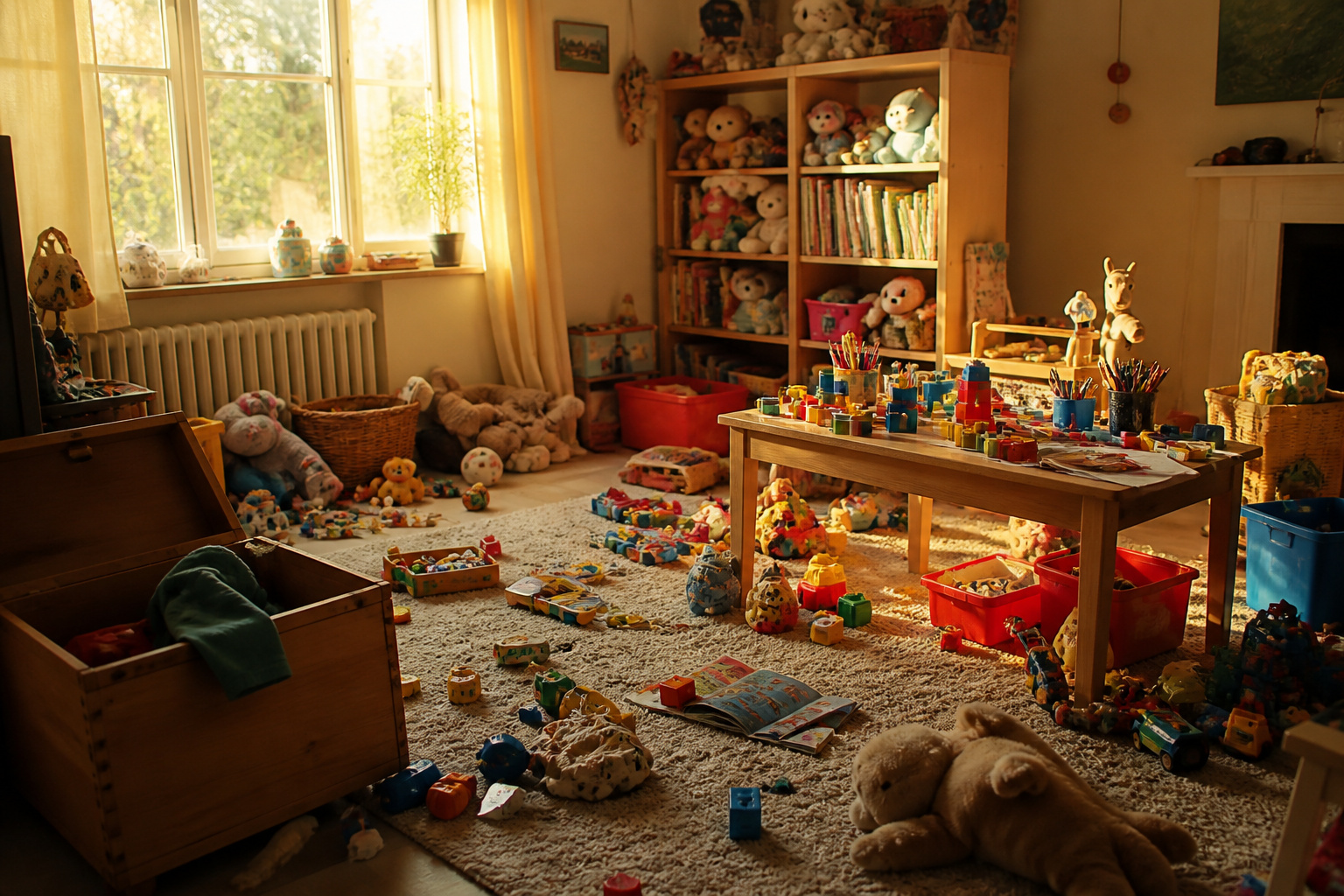 A cluttered playroom with toys scattered on the floor and sunlight streaming in