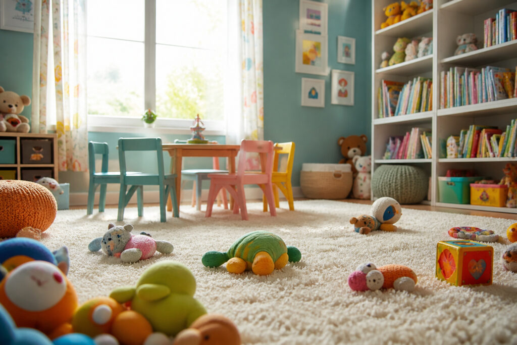 A vibrant playroom with colorful plush toys on a fluffy area rug.