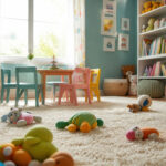 A vibrant playroom with colorful plush toys on a fluffy area rug.