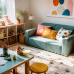Bright playroom with colorful sofa, toys, and scattered books on the floor.