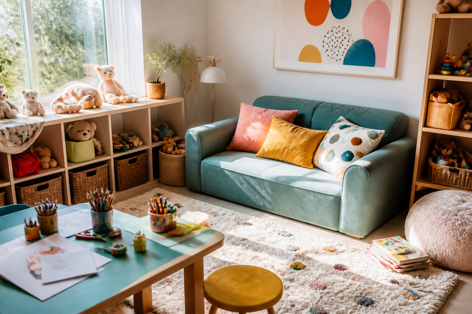 Bright playroom with colorful sofa, toys, and scattered books on the floor.
