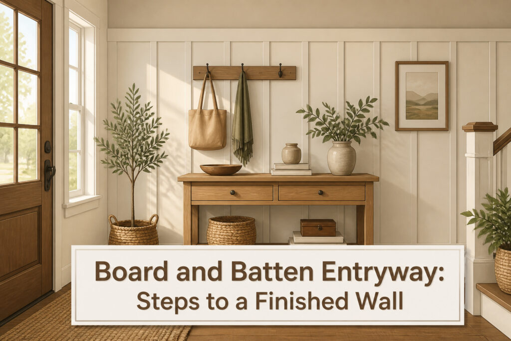 A board and batten entryway with horizontal and vertical wooden boards.