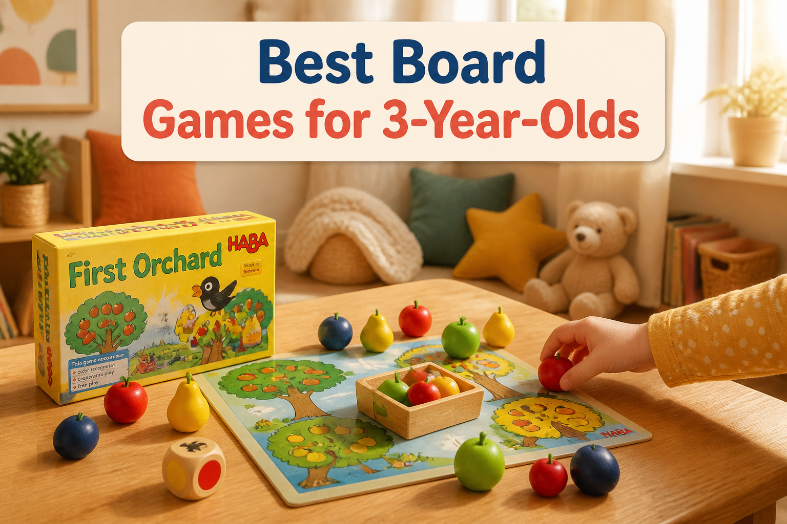 Various board games for 3-year-olds displayed on a colorful background.
