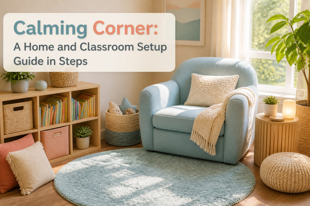 Cozy corner with a bean bag chair, cushions, and calming tools.