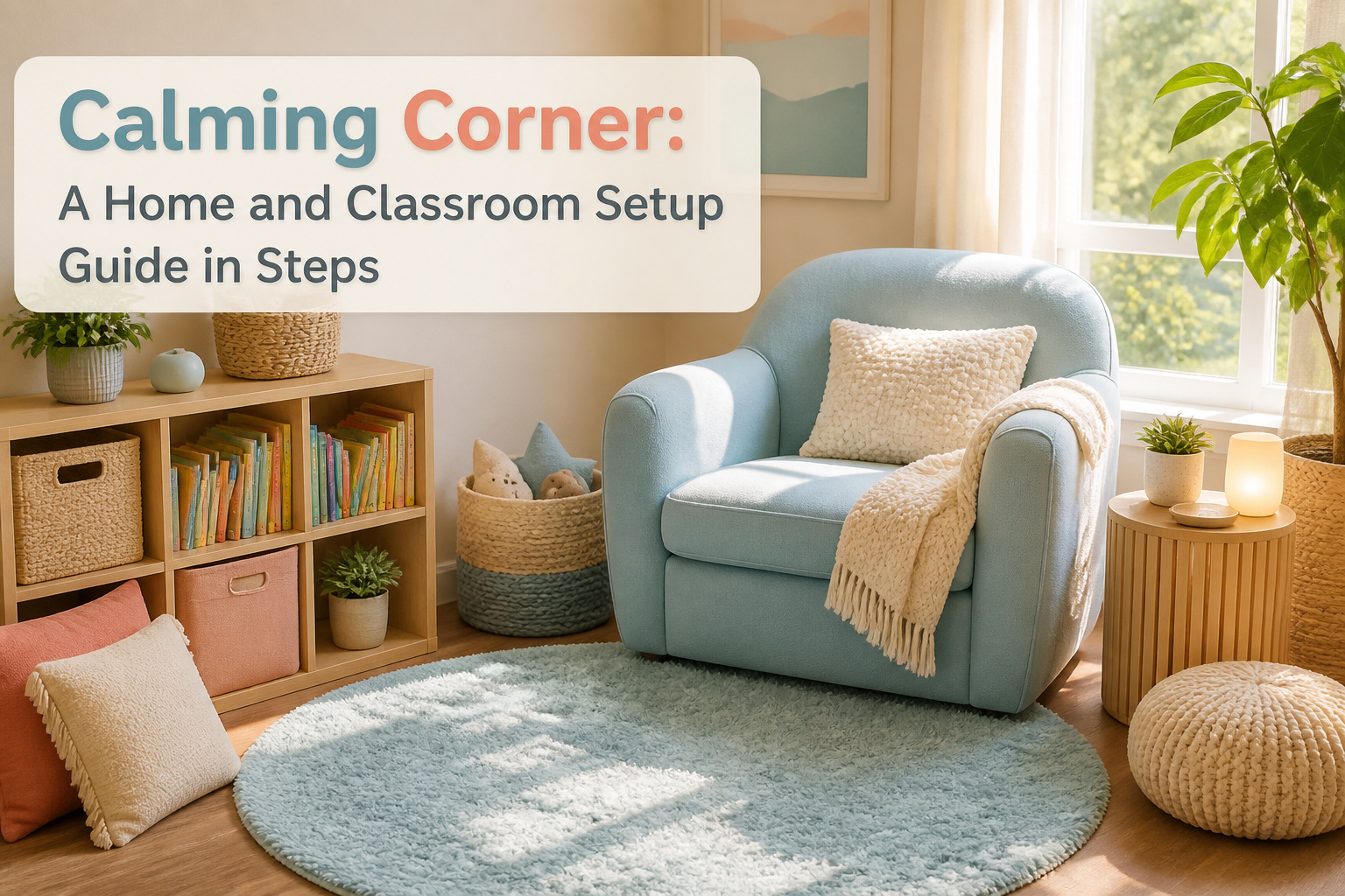 Cozy corner with a bean bag chair, cushions, and calming tools.