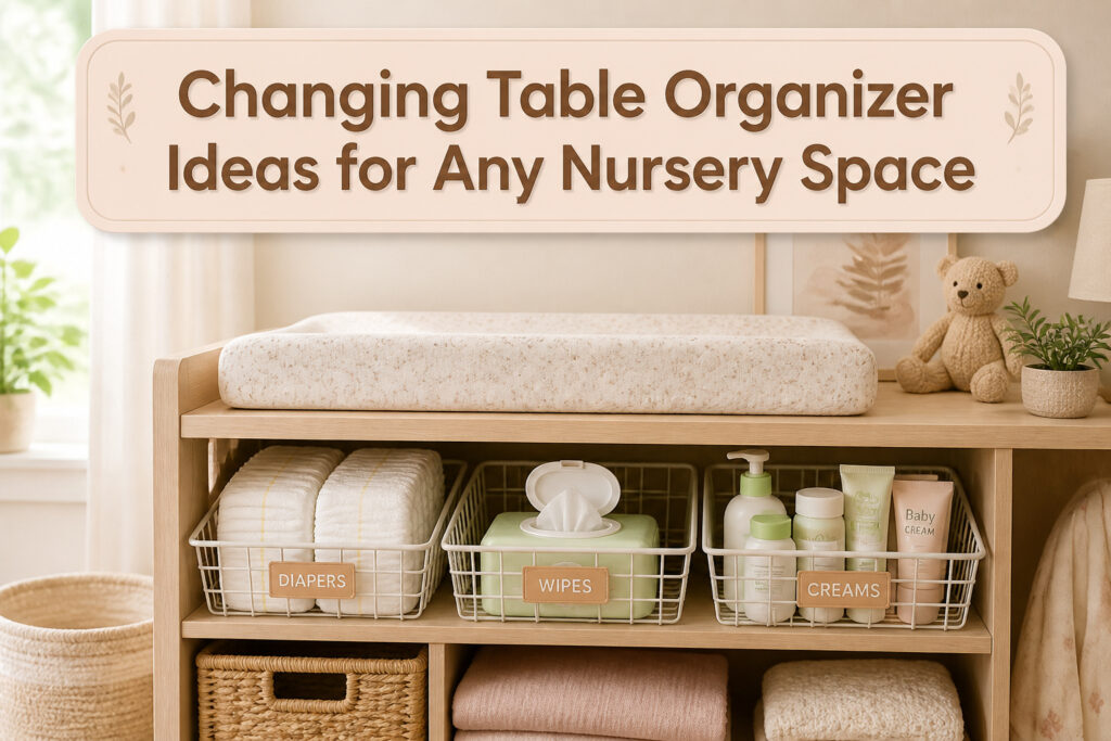 A well-organized changing table with various supplies and decor in a nursery.