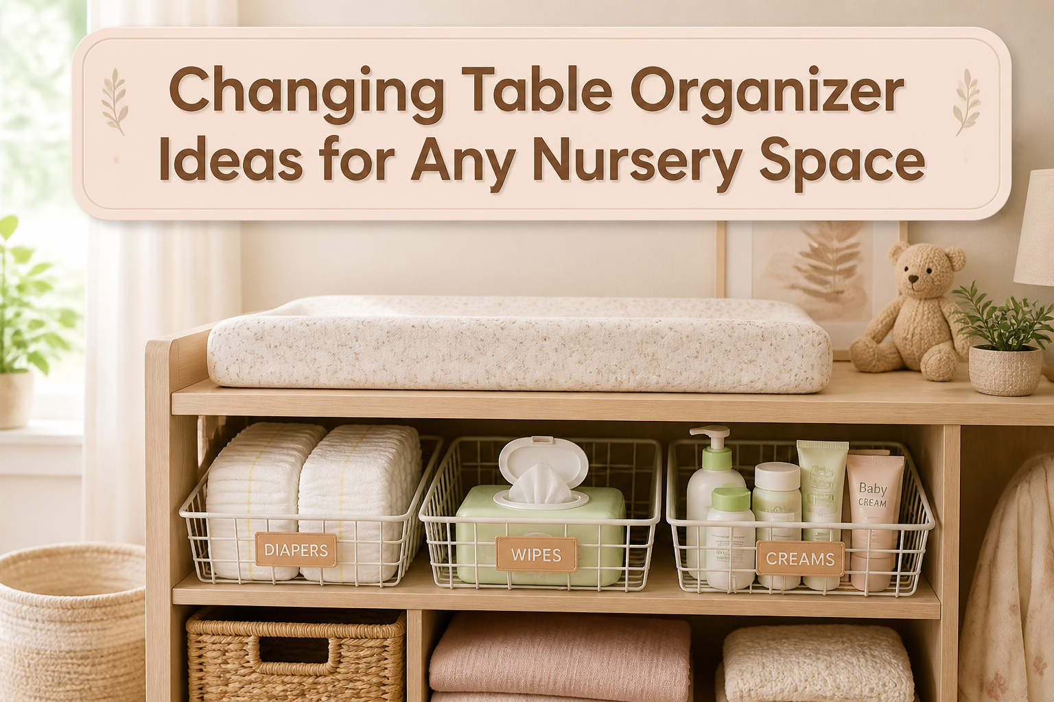 A well-organized changing table with various supplies and decor in a nursery.