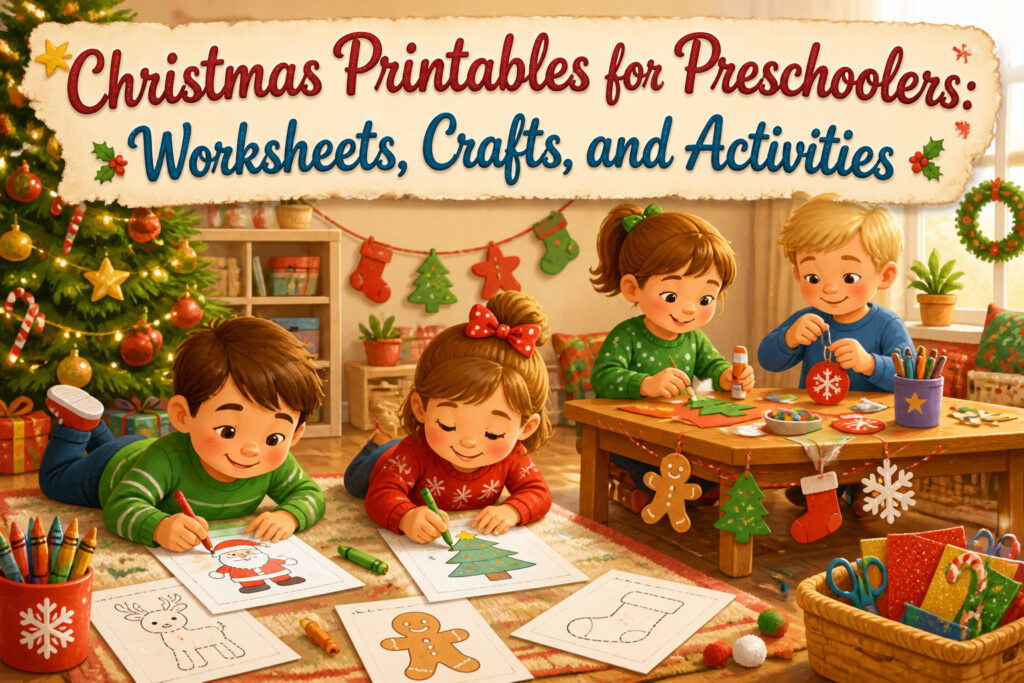 Various Christmas printables for preschoolers displayed on a table.