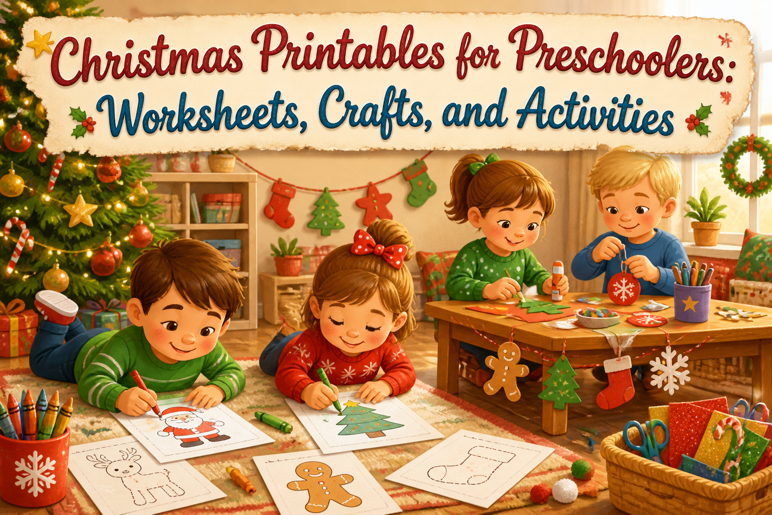Various Christmas printables for preschoolers displayed on a table.