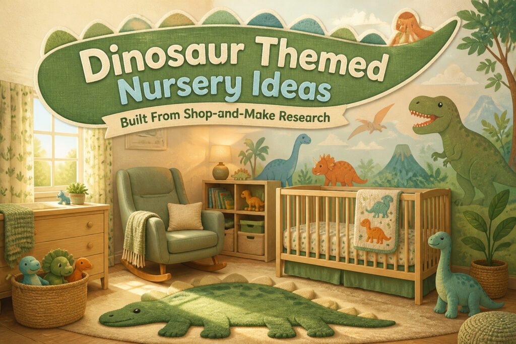 A nursery decorated with dinosaur-themed elements and soft lighting.