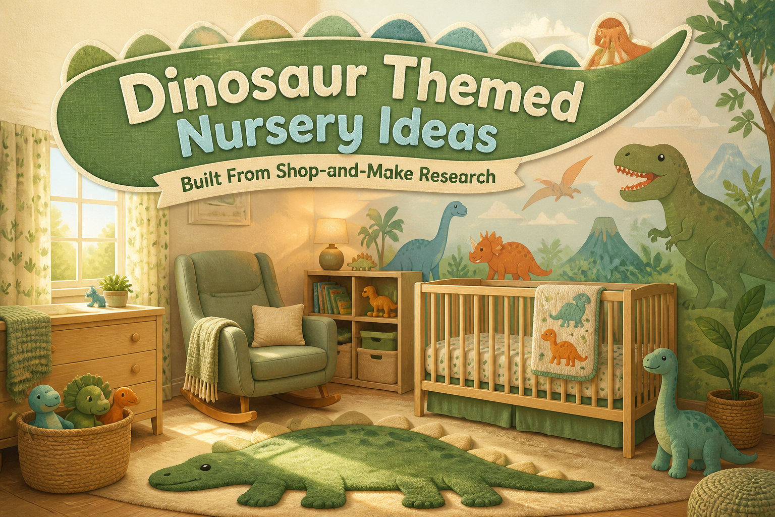 A nursery decorated with dinosaur-themed elements and soft lighting.