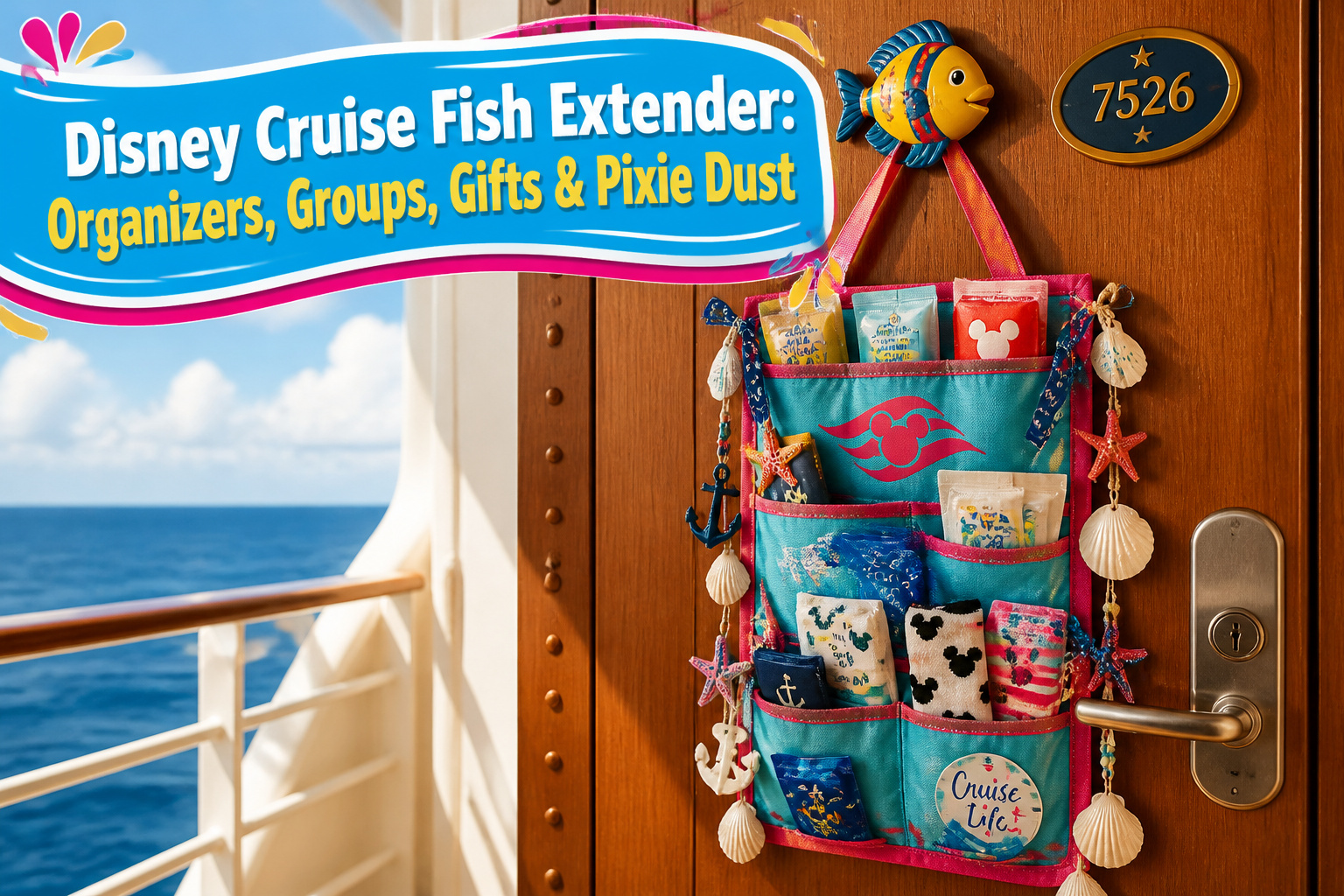 A Fish Extender organizer with pockets hangs from a door.