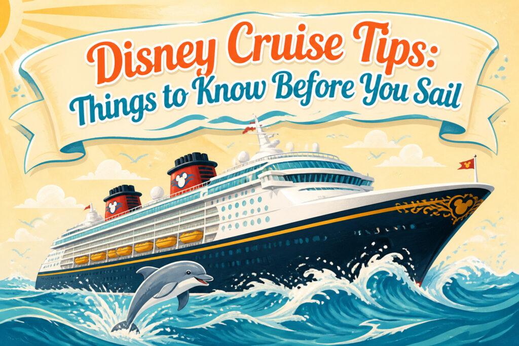 A Disney cruise ship in the ocean under a clear sky.