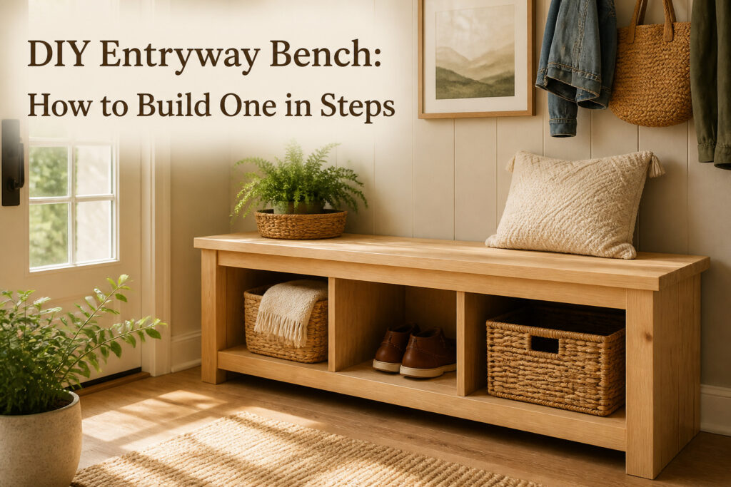 A finished entryway bench showcasing wood grain and design.