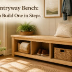 A finished entryway bench showcasing wood grain and design.