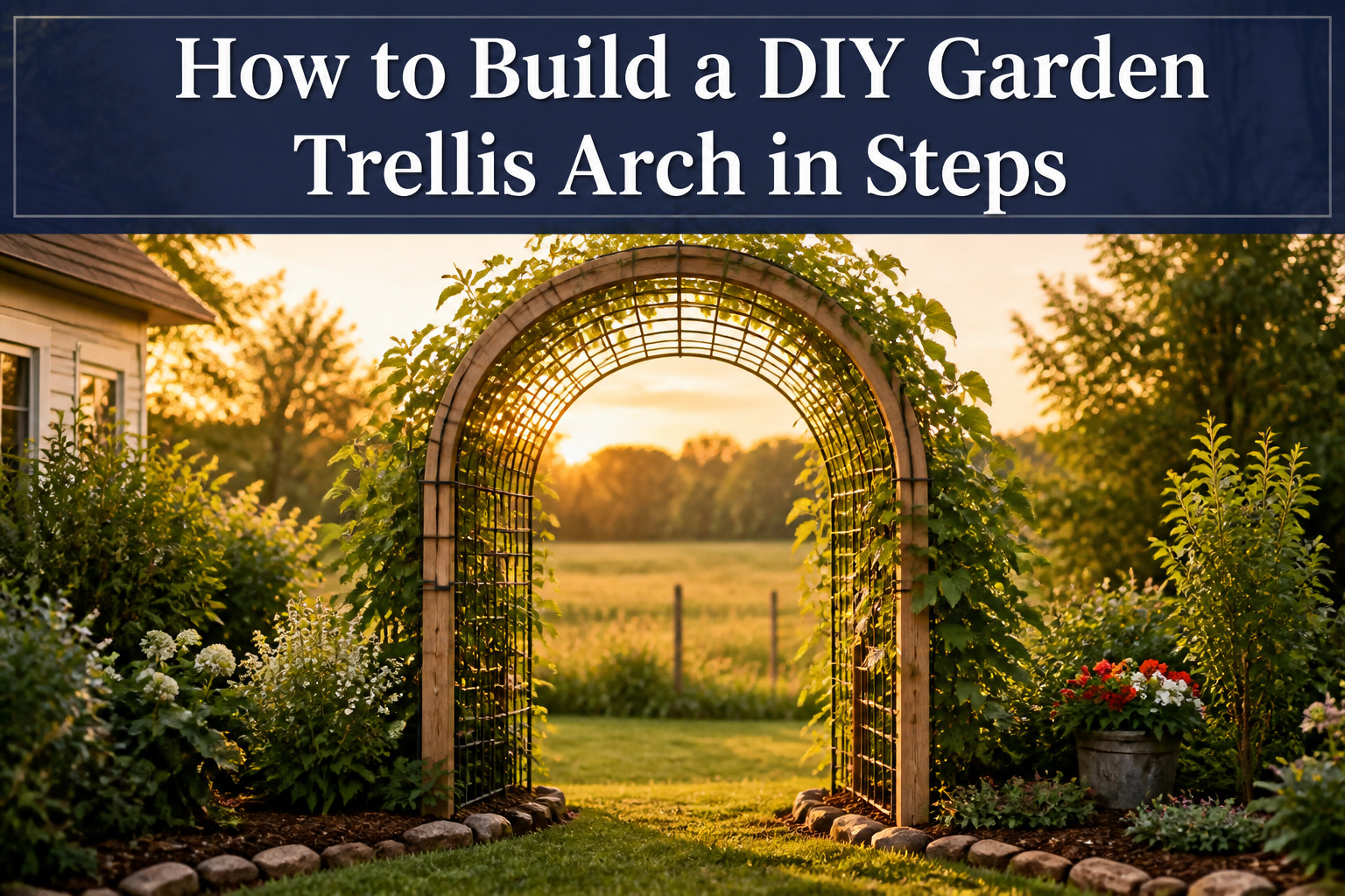 A trellis arch constructed using a cattle panel and T-posts in a garden.