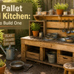 A finished mud kitchen surrounded by greenery and wildflowers in a backyard.