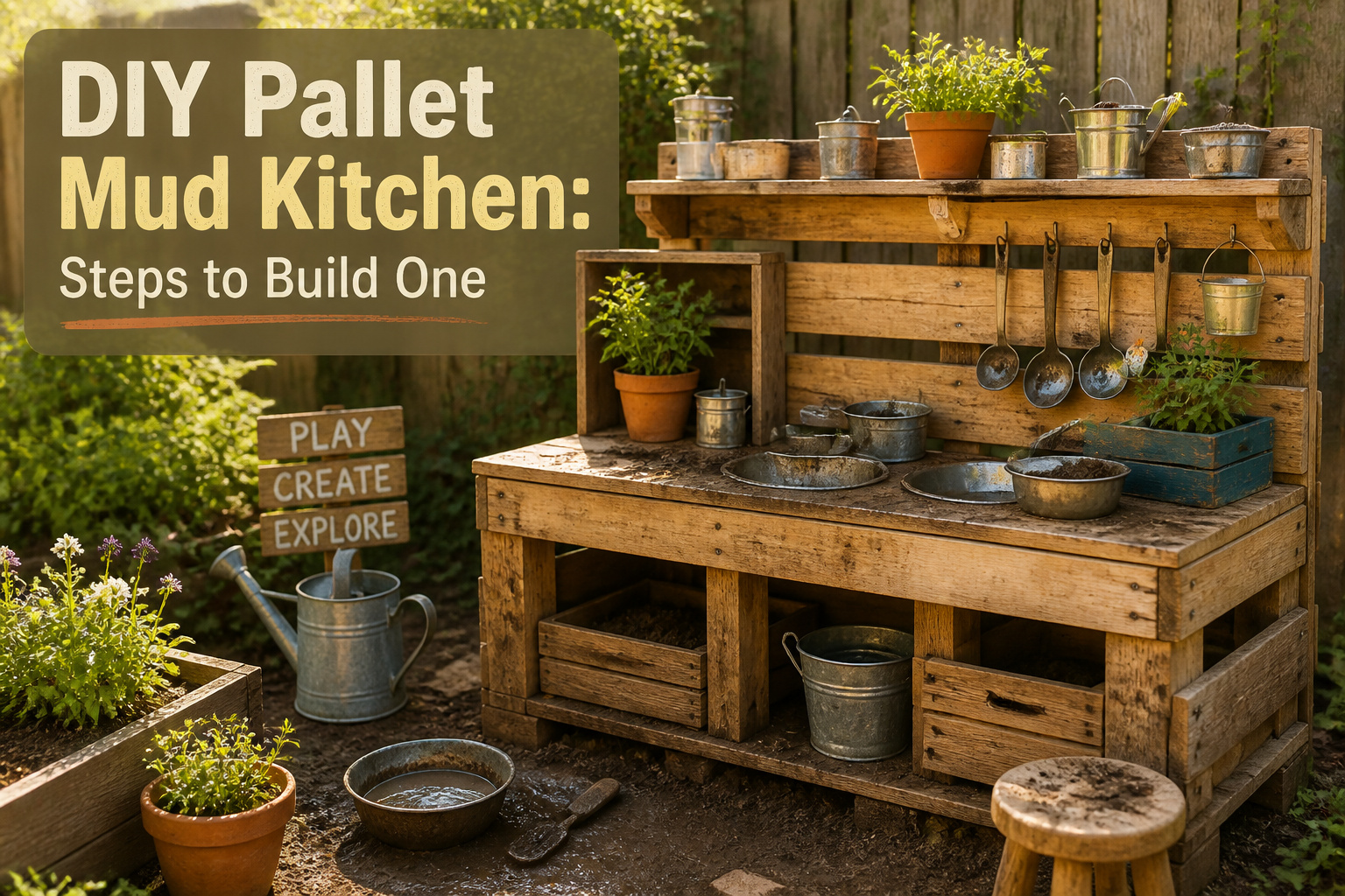 A finished mud kitchen surrounded by greenery and wildflowers in a backyard.