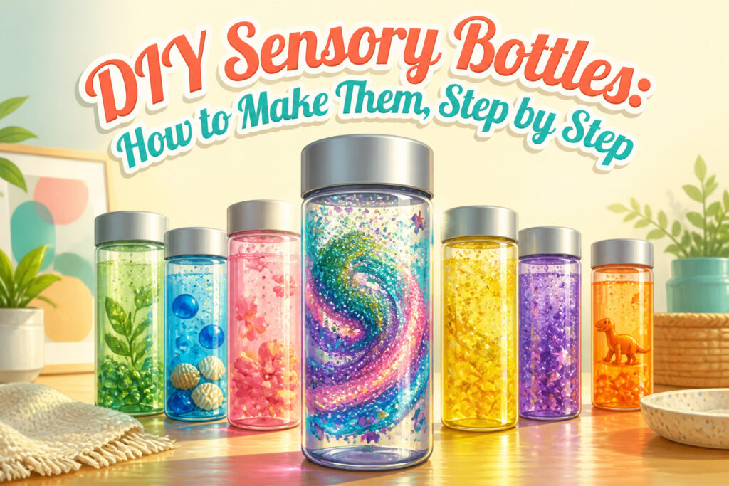 Multiple sensory bottles filled with various liquids and small objects.