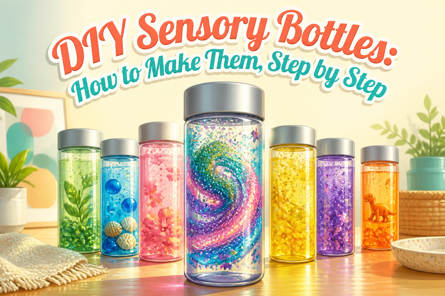 Multiple sensory bottles filled with various liquids and small objects.