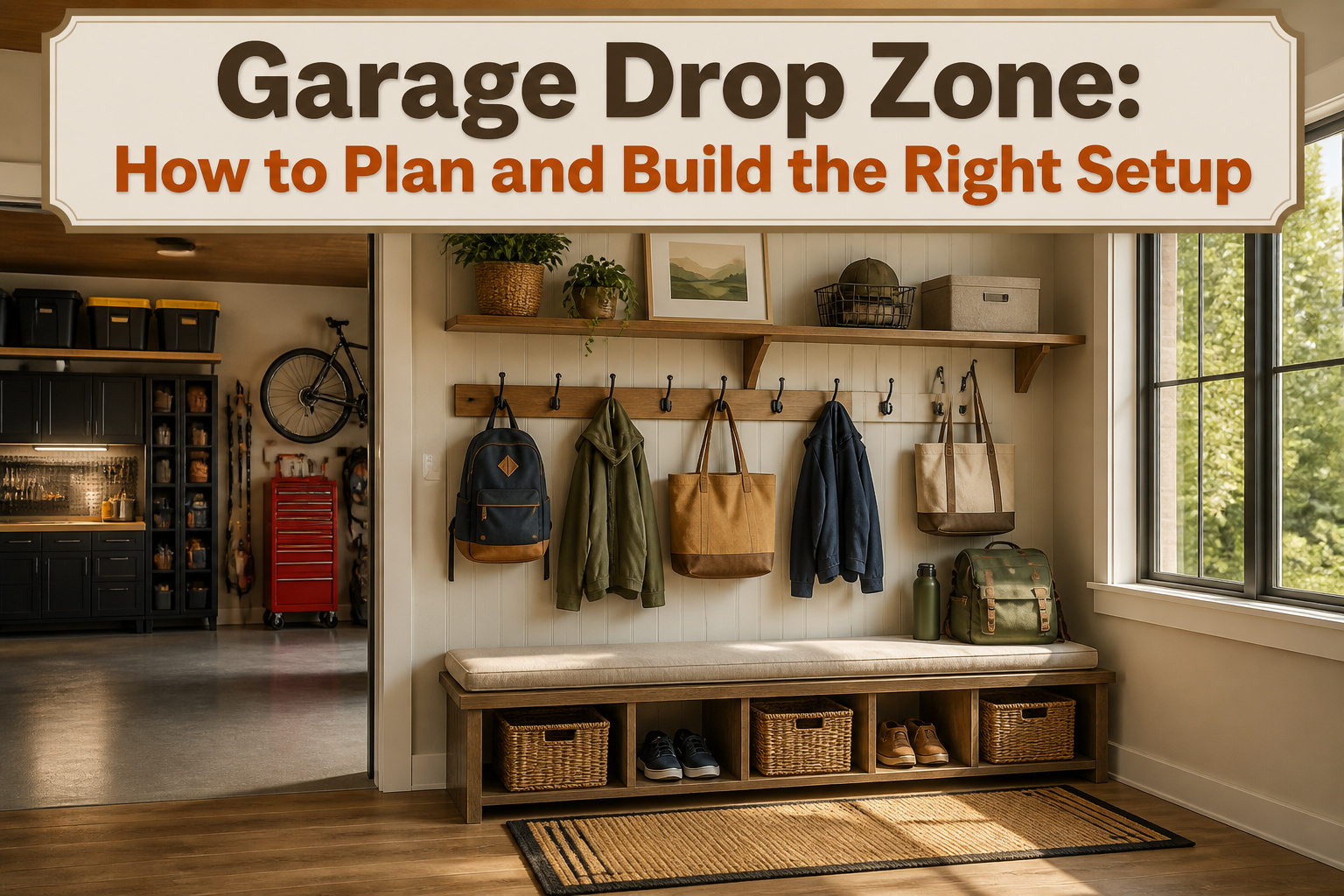 A garage drop zone with hooks, cubbies, and a bench for storage.