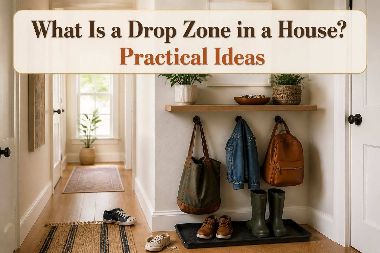 A well-organized drop zone with hooks, trays, and a boot mat.
