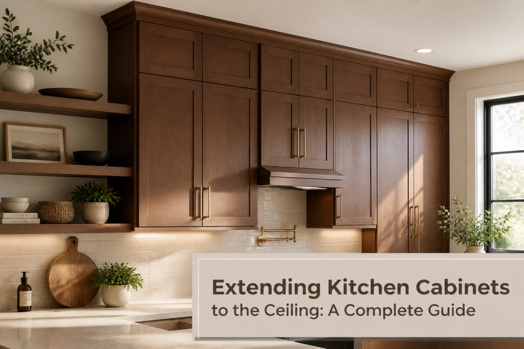 Kitchen with cabinets extending to the ceiling, featuring natural wood finish.