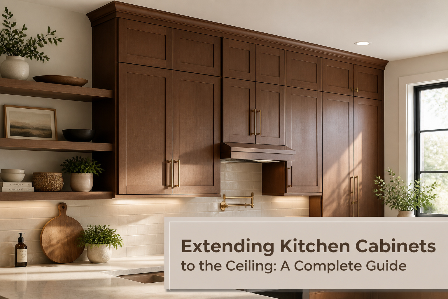 Kitchen with cabinets extending to the ceiling, featuring natural wood finish.