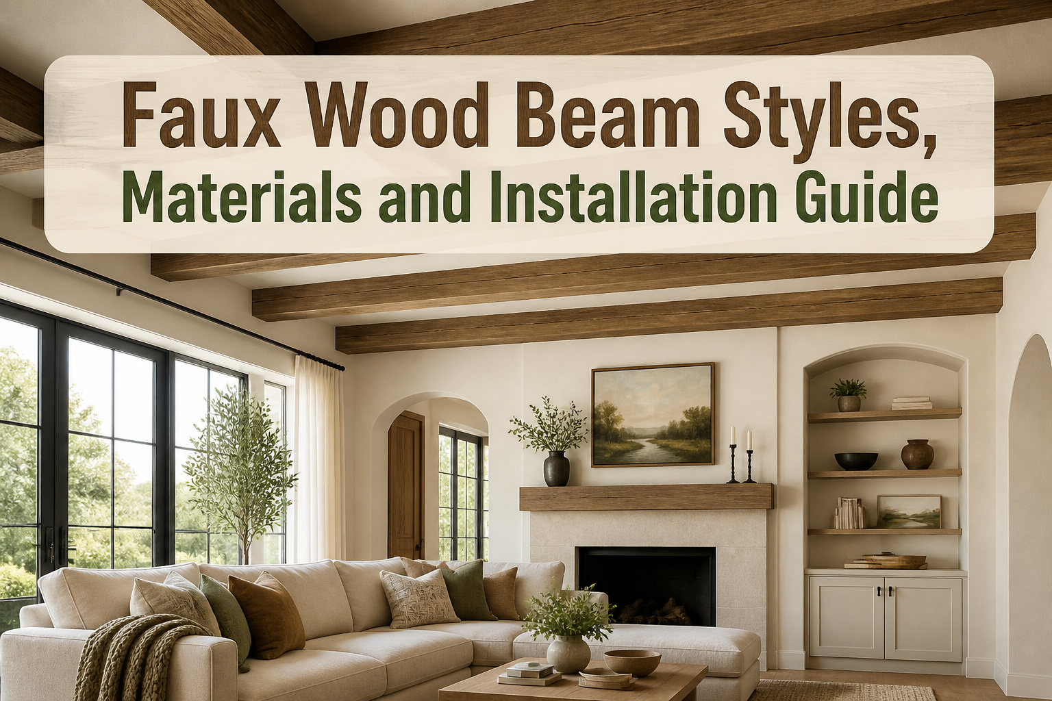 Different styles of faux wood beams in a stylish interior setting.