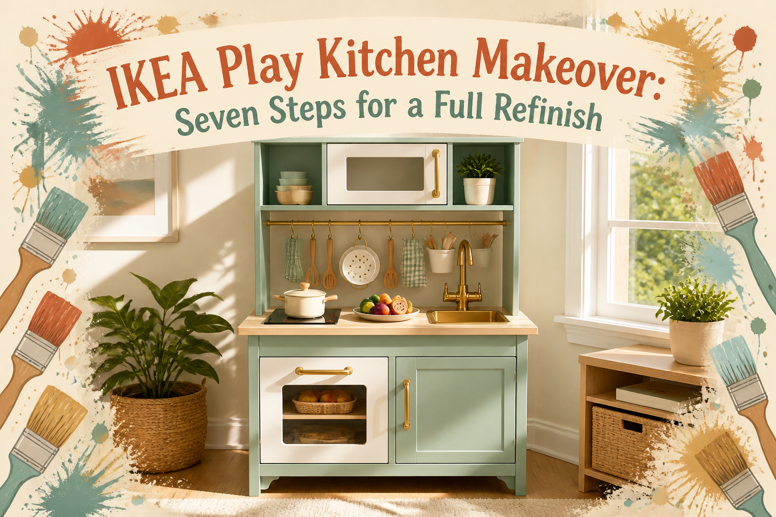 Remodeled IKEA Duktig kitchen in a colorful playroom with soft toys.