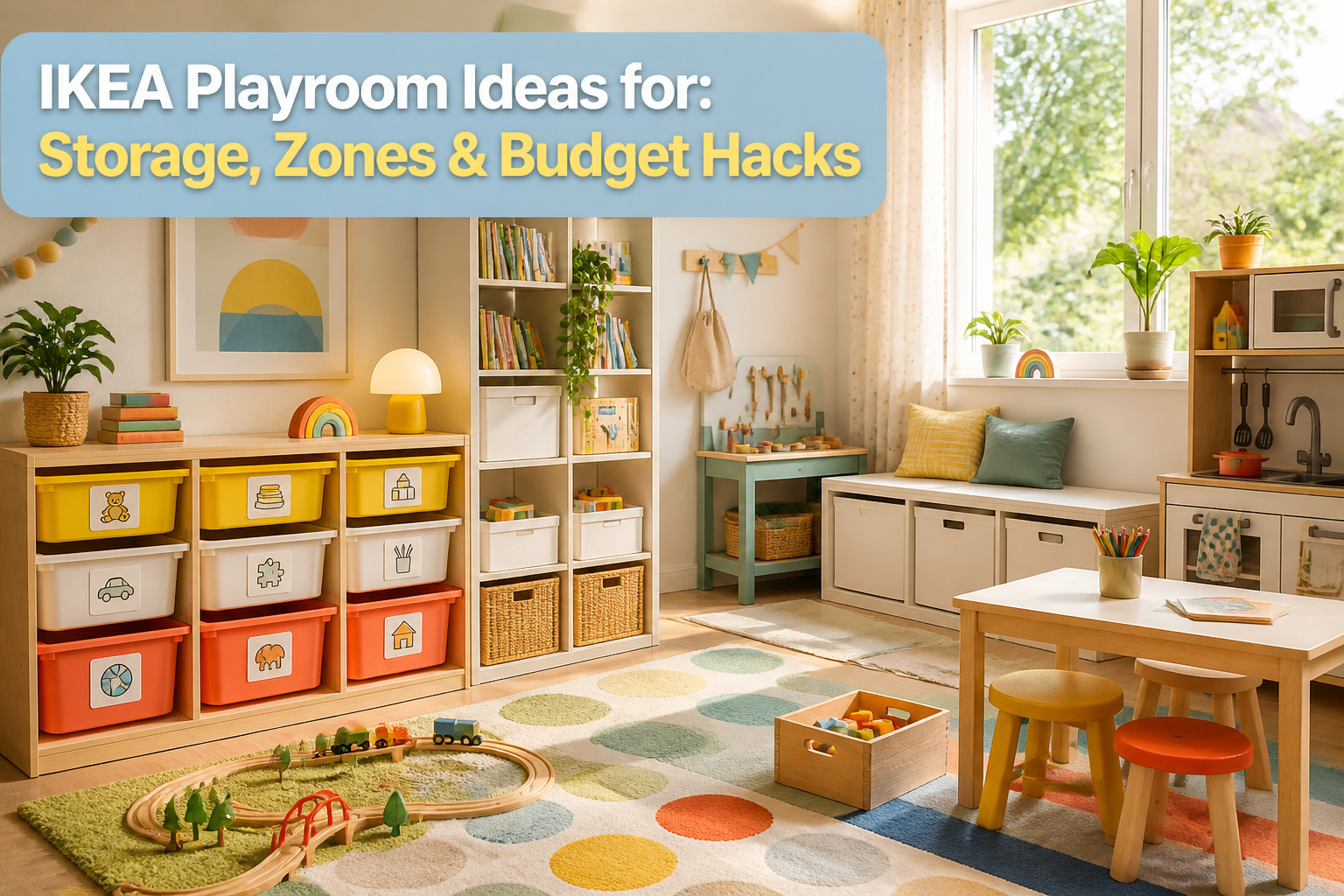 Bright playroom with colorful storage solutions and play areas.