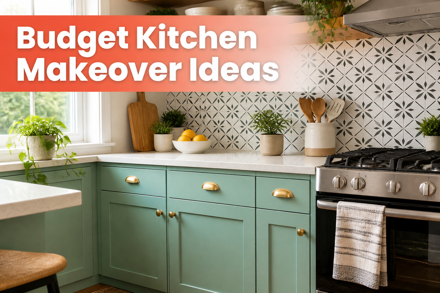 A modern kitchen with various budget makeover elements.