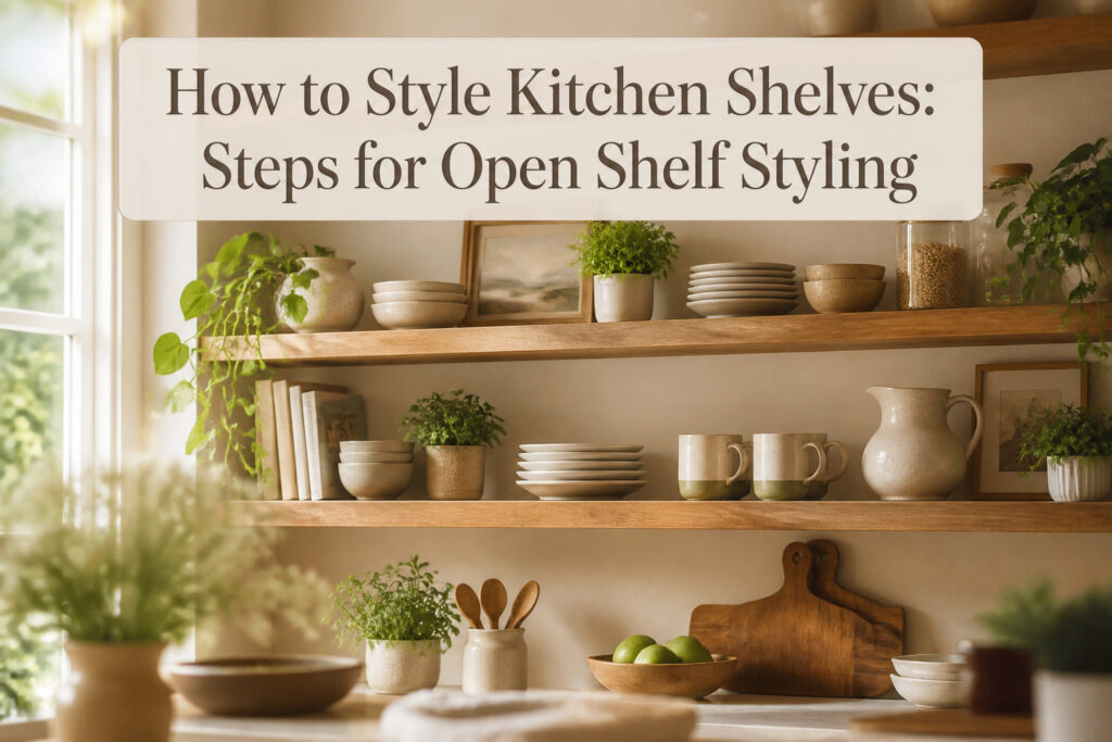 Stylish open kitchen shelves with various items and decor elements.