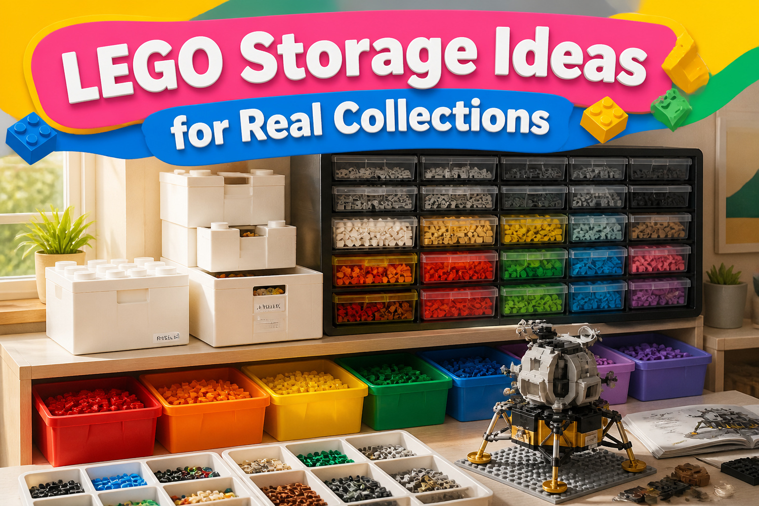 Colorful LEGO bricks arranged in various storage solutions in a playroom.