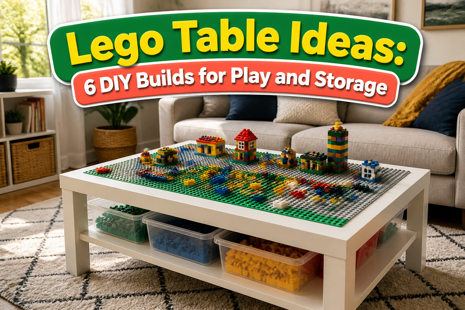 A vibrant Lego table with various baseplates and organized storage.