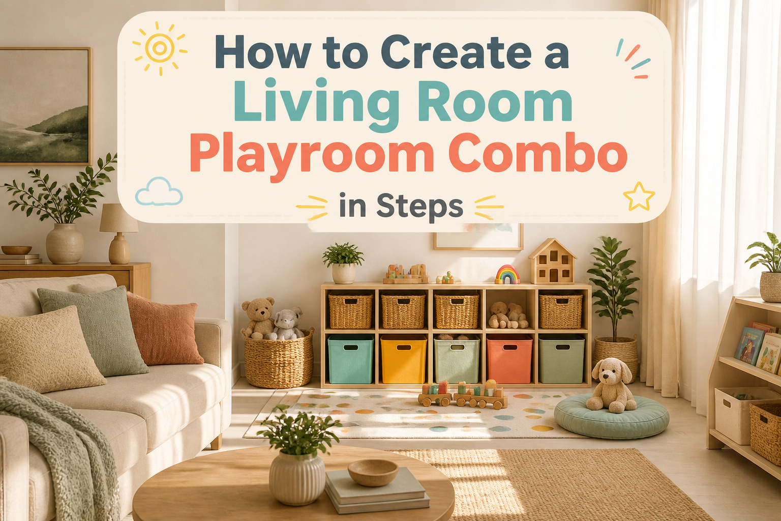 Living room with a play area, showcasing furniture and toys.
