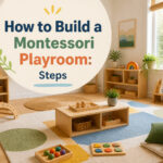 Montessori playroom with child-sized furniture and accessible toy shelves.