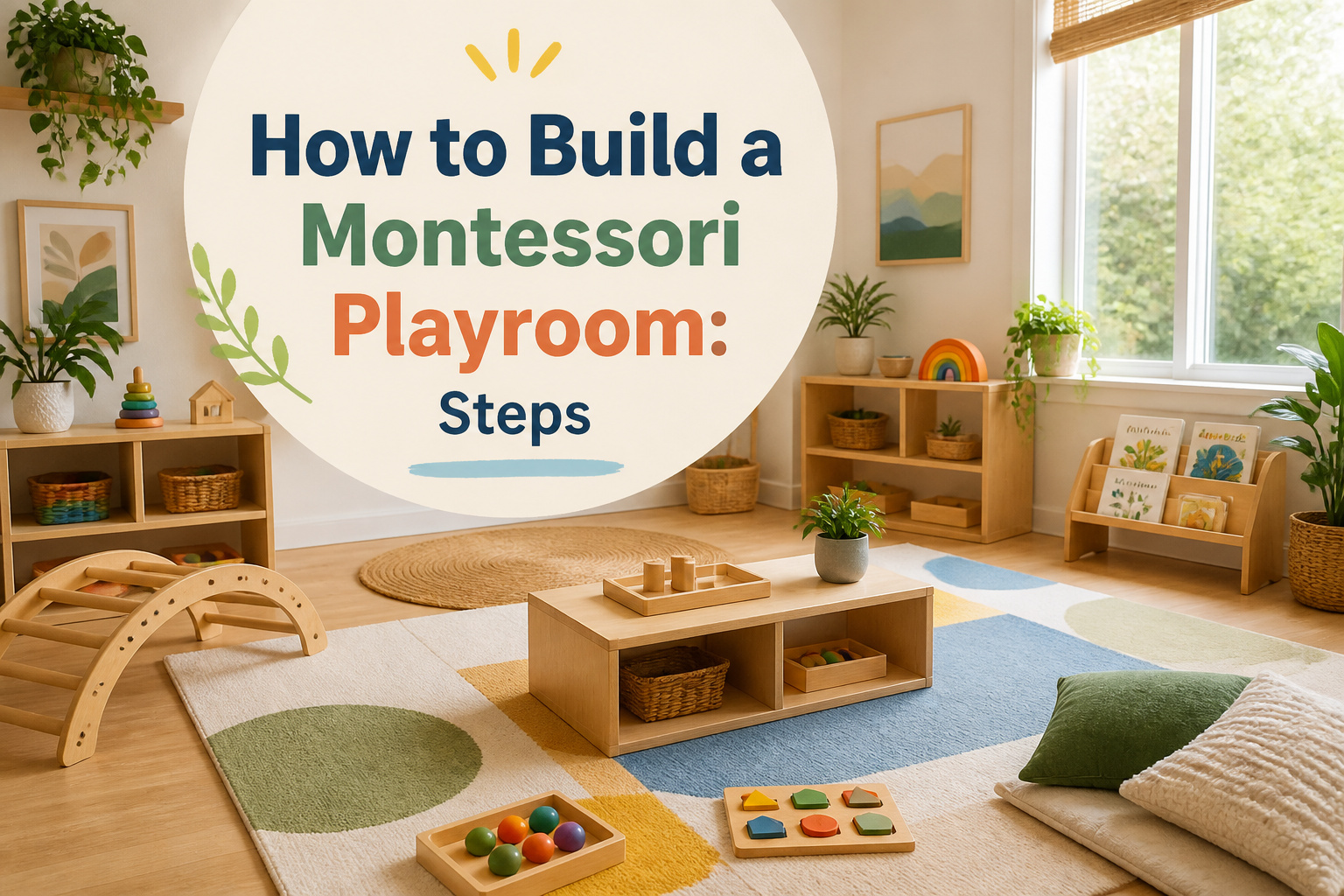Montessori playroom with child-sized furniture and accessible toy shelves.