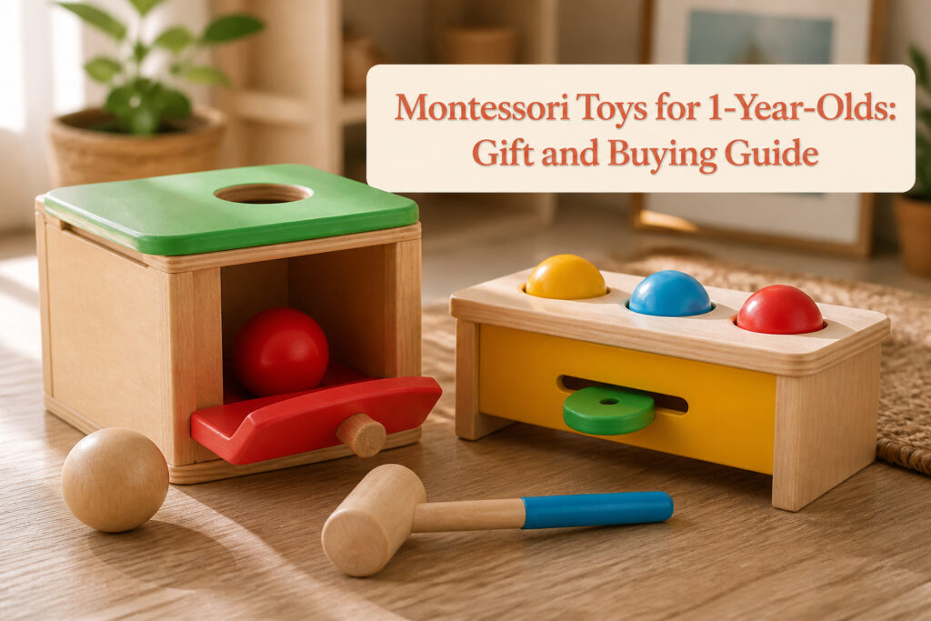 A variety of Montessori toys displayed in a bright playroom.
