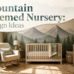 A nursery with mountain decor, soft colors, and nature-themed accents.