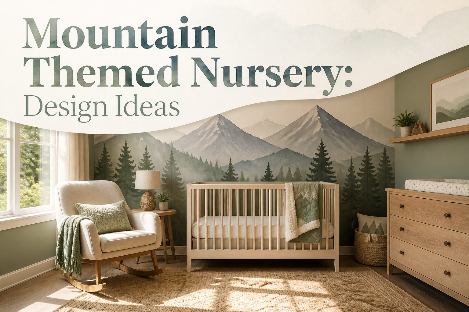 A nursery with mountain decor, soft colors, and nature-themed accents.
